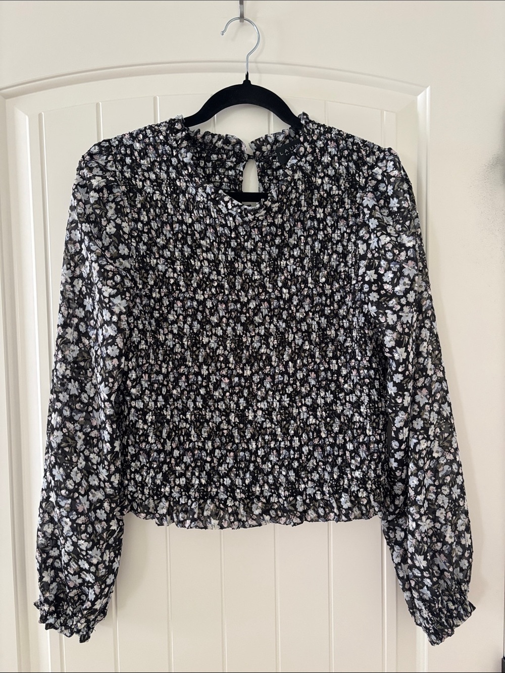 Laundry By Shelli Segal Black and White Smocked Floral Blouse